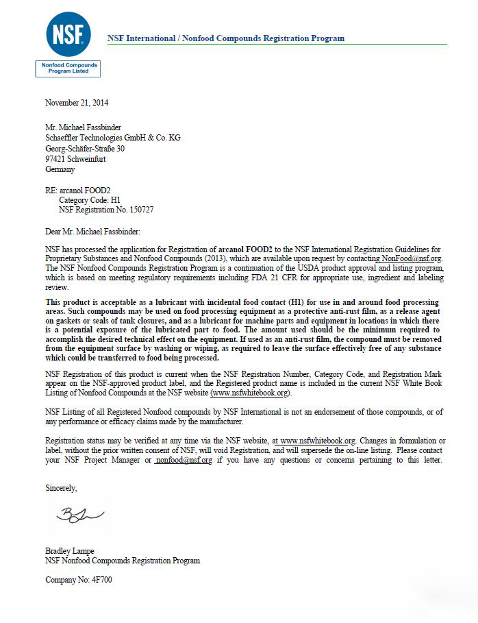 NSF H1 Certificate for Arcanol FOOD2 Media Library Schaeffler